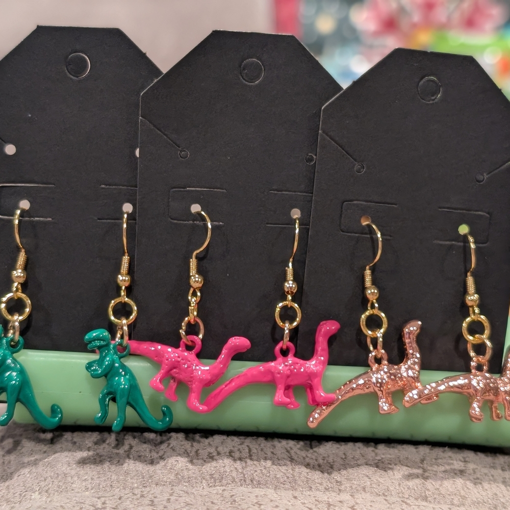 Dinosaur Earrings  - Green, Pink, Gold